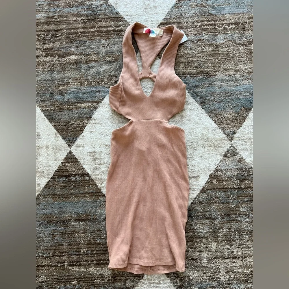 NWT FP Beach Cutout Bodycon Mini Dress XS Ribbed Halter Backless Tan Neutral